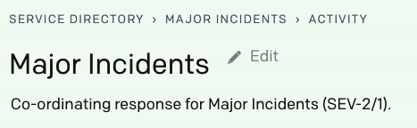 Screenshot of the PagerDuty web UI showing the description of a service called "Major Incidents": "Co-ordinating response for Major Incidents (Sev-2/1)"