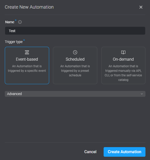 Screenshot of Blink "Create New Automation Screen." Shown is a field for Automation Name, and an option to choose your trigger type. There are options for Event-based, Scheduled, and On-demand automations.