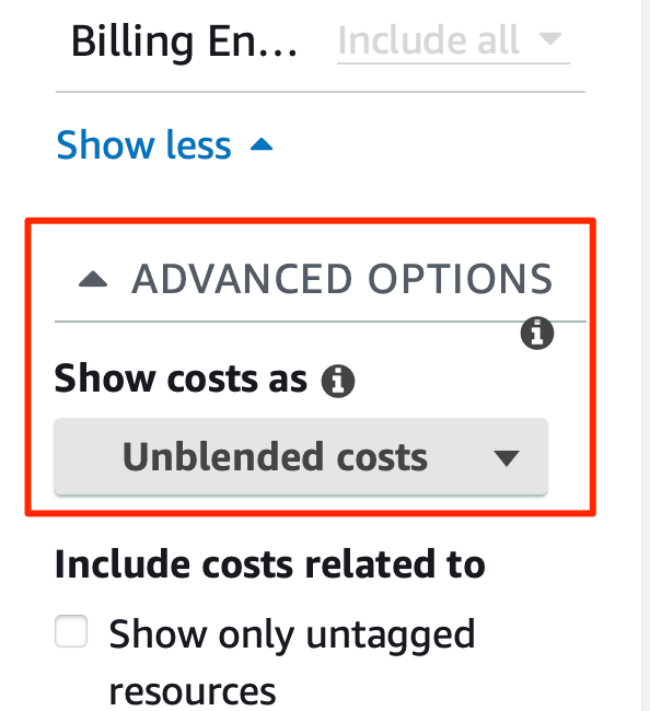cost explorer advanced options show unblended costs