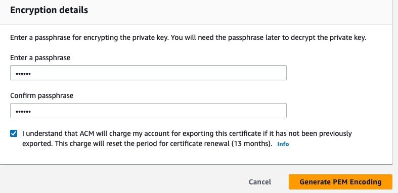 AWS Certificate Manager console showing the Export a certificate request form.