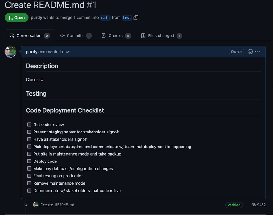 Checklist in pull request