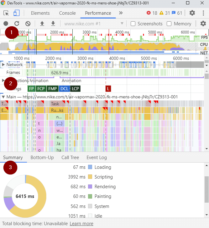 Performance tab view of our page load