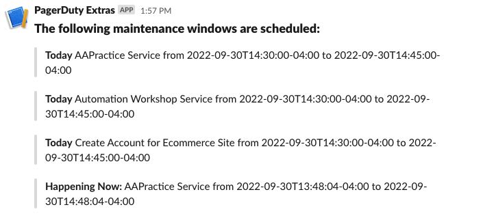 Slack message detailing a maintenance window happening later today that impacts several services