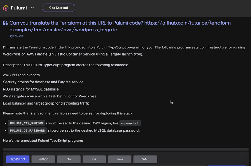 Pulumi AI conversion from Terraform