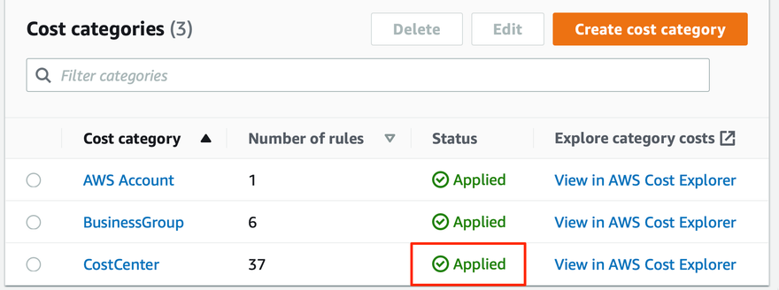 Cost categories home page showing category status as Applied