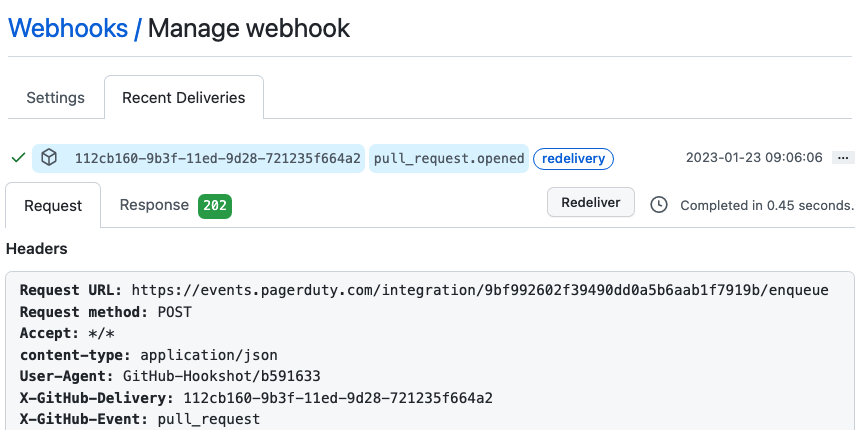 GitHub web UI for the Manage Webhooks page. The "Recent Deliveries" tab is open, including a webhook for pull_request.opened. The "Redeliver" button is shown.