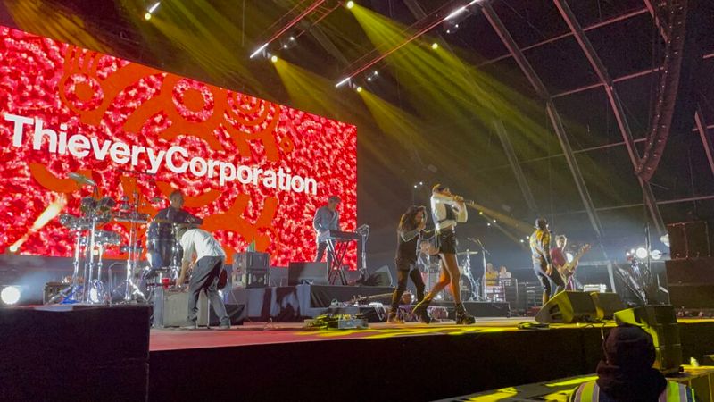 Thievery Corporation preforming at AWS re:Play party in 2022.