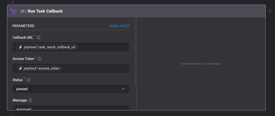 Screenshot of step in Blink workflow showing Terraform callback URL and Access Token