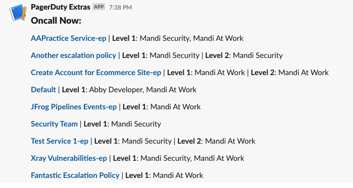 Slack channel message with on-call listings for the 9 escalation policies in this account.