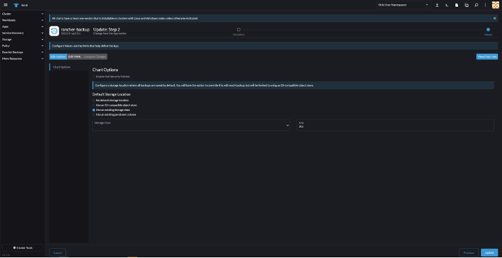 Radio button offering option of existing storage class as backup target