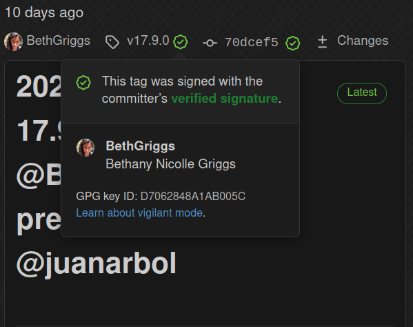 Signed tag by a Node.js' member on GitHub