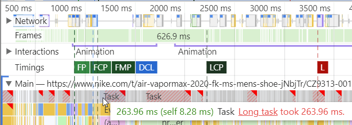 A close up showing the flame charts in the performance profile