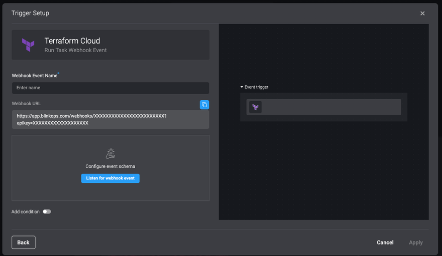 Screenshot of Trigger Setup window with Terraform Cloud selected and displaying webhook.