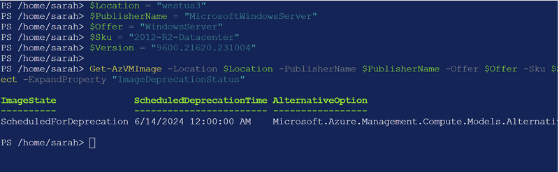How to check if an Azure Marketplace image is marked for deprecation