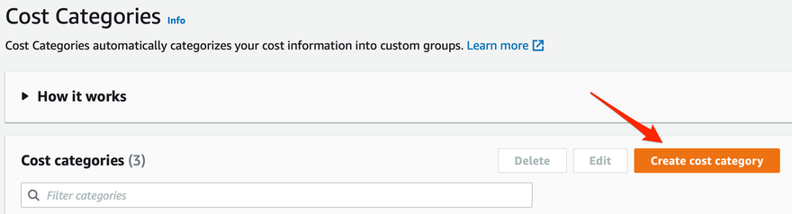 Cost Categories Home page with create cost category button