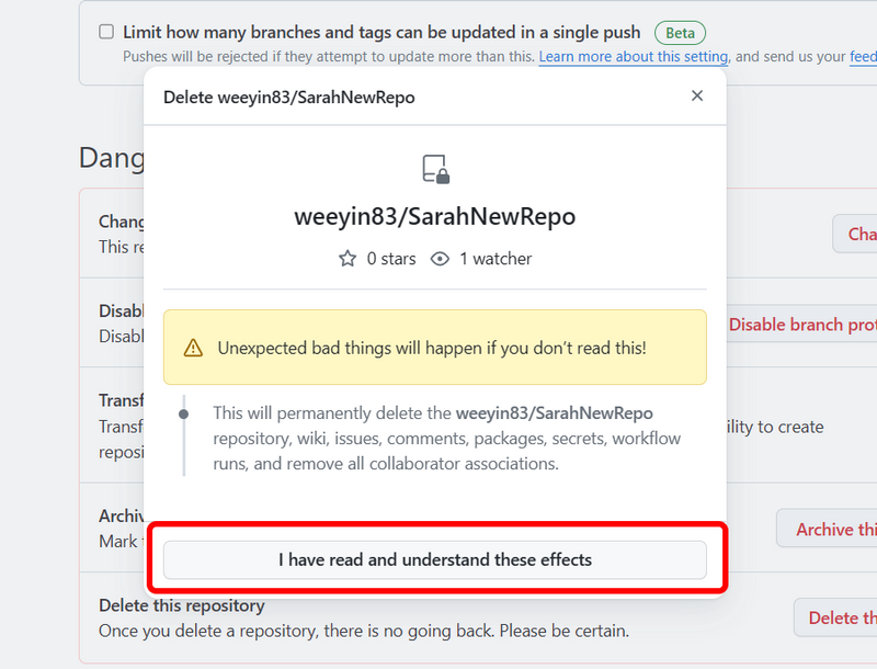 GitHub delete repository