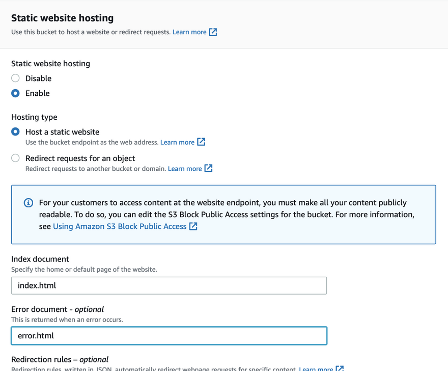 enabled static website hosting option