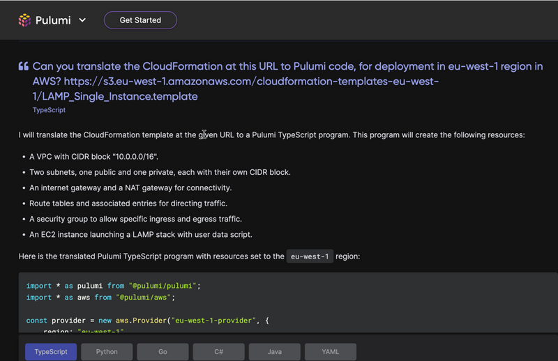 Pulumi AI conversion from CloudFormation