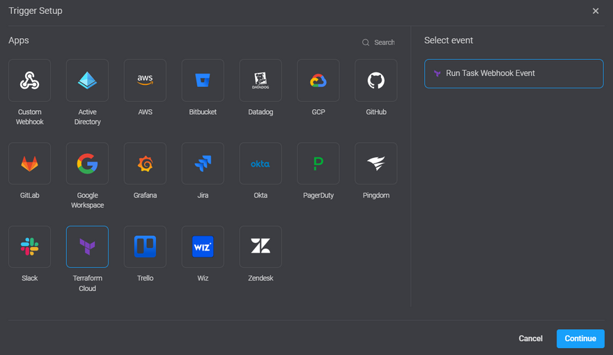 Screenshot of Blink trigger setup screen with options to select which app you would like to integrate with. Options shown are Custom Webhook, Active Directory, AWS, Bitbucket, DataDog, GCP, GitHub, GitLab, Google Workspace, Grafana, Jira, Okta, PagerDuty, Slack, Terraform Cloud, and Wiz.
